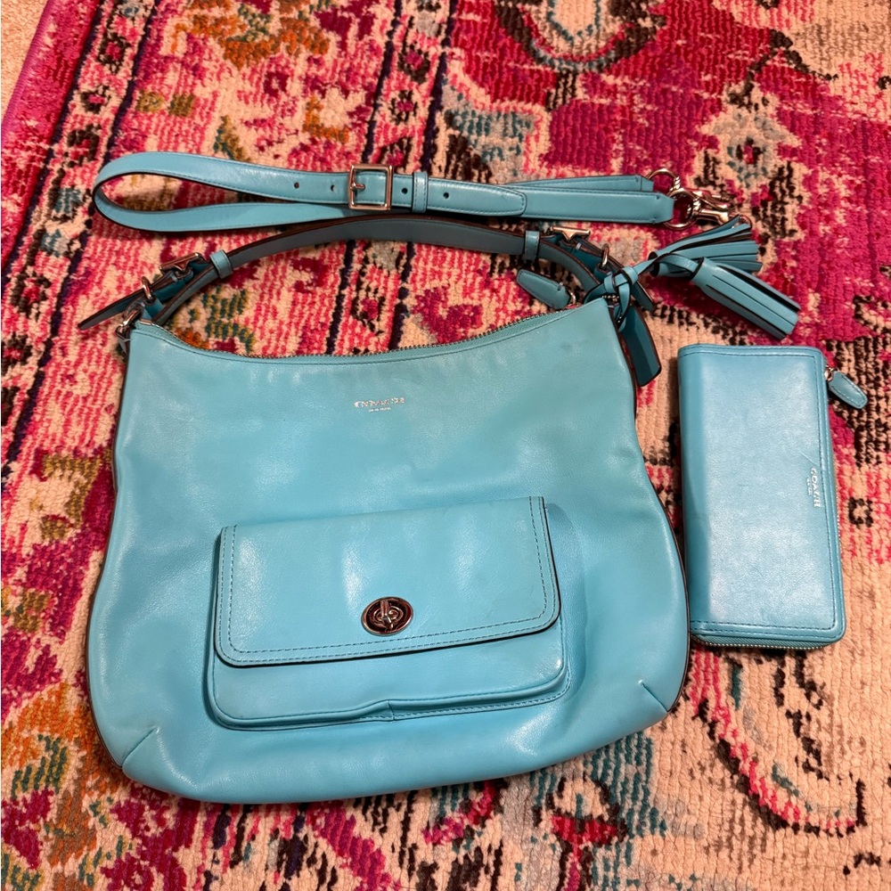 Coach Legacy Leather Courtenay Hobo with Matching Wallet and Strap in Turquoise